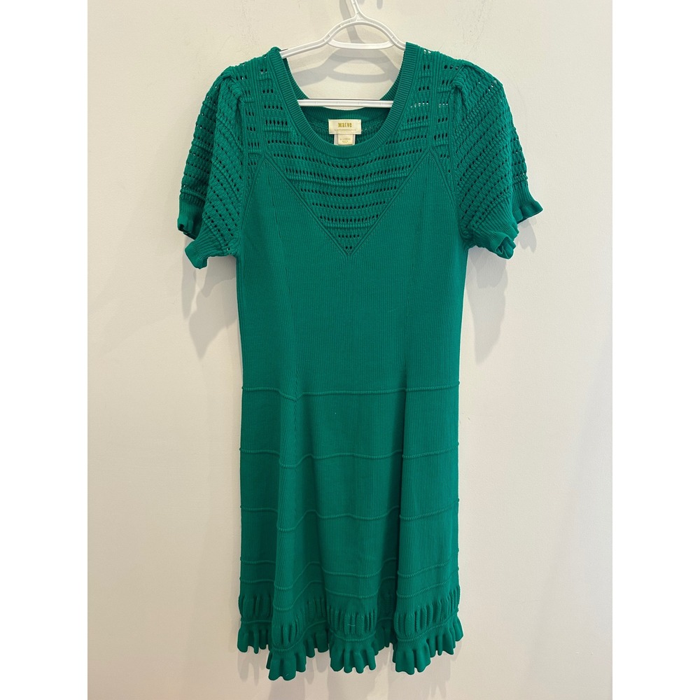 Maeve Anthropologie Green Pointelle Knit Ruffle Hem Fit Flare Sweater Dress XL